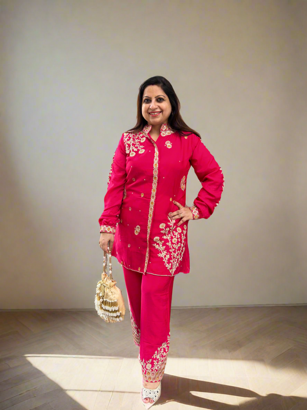 ROSE PINK BAN NECK CHINNON HANDWORK COORD SET ( Ria)