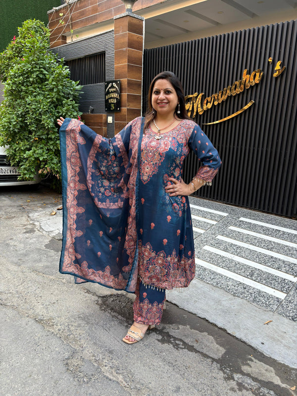 BLUE MIRROR WORK DIGITAL PRINT KURTA SET