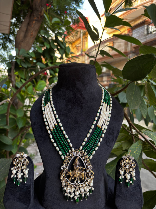 BEADED PEARLS WITH LORD KRISHNA PENDANT TEMPLE JEWELLERY SET