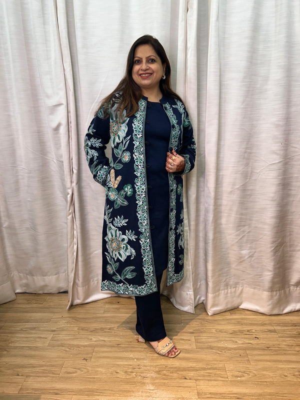 NAVY BLUE KASHMIRI STYLE WOOLLEN SHRUG SET WITH INNER ( TC )