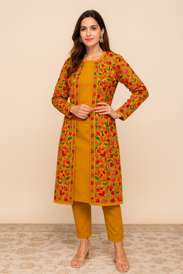 YELLOW EMBROIDED WOOL SHRUG SET FOR WINTER