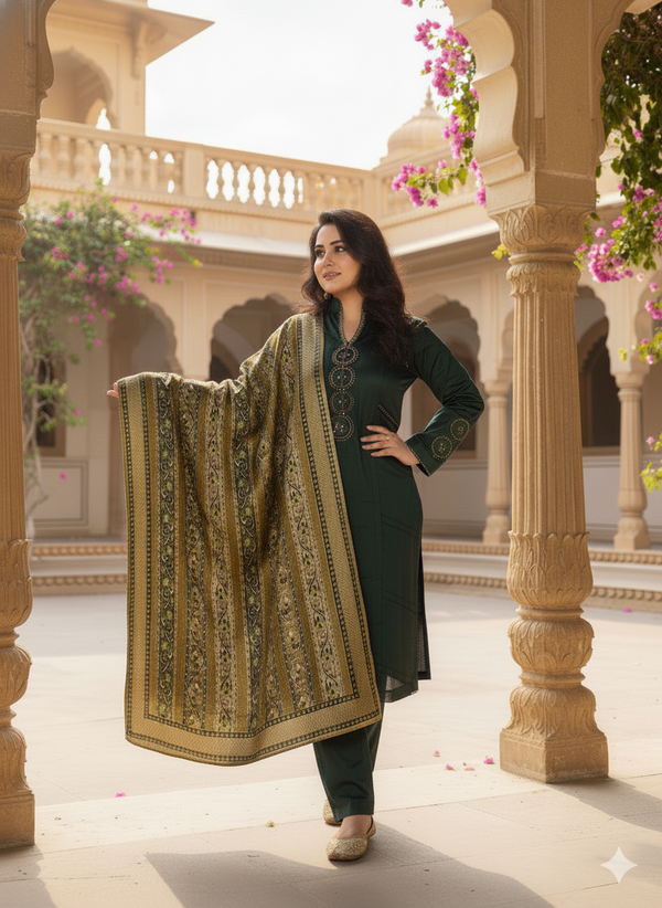 VELVET CORDUROY EMRALD GREEN KURTA SET WITH VELVET SHAWL