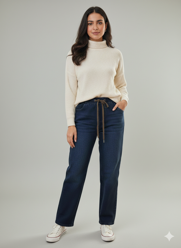 DENIM BLUE STRAIGHT PANT WITH FUR INSIDE