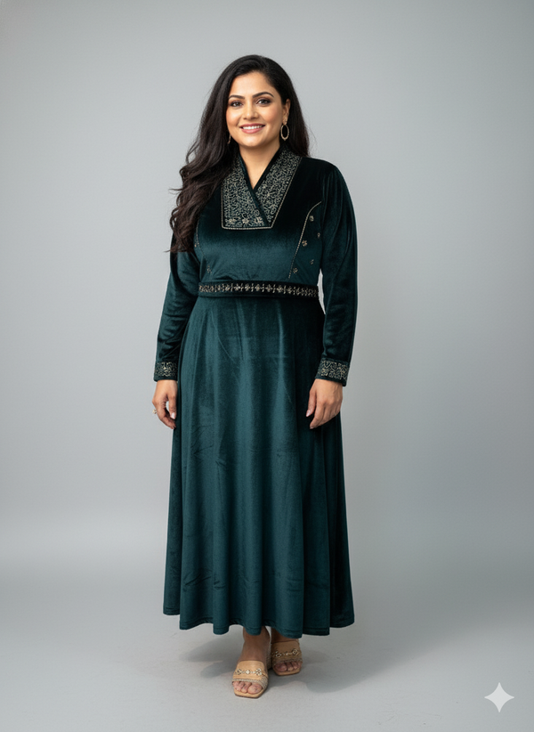 BELLA VELVET PEACOCK GREEN DRESS FOR WOMEN