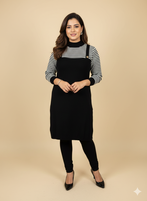 BLACK AND WHITE STRIPED RIBBED DRESS FOR WINTER