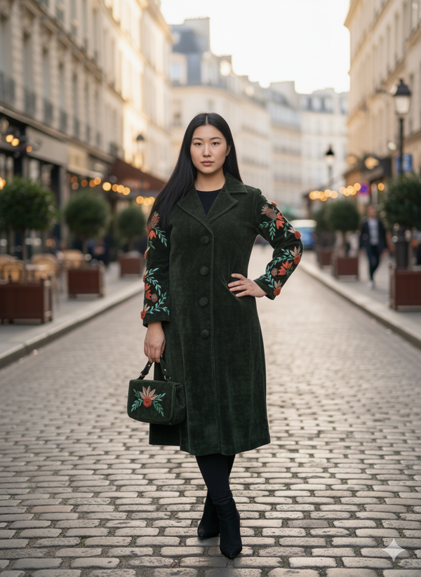VELVET CORDUROY EMBROIDED COAT DRESS