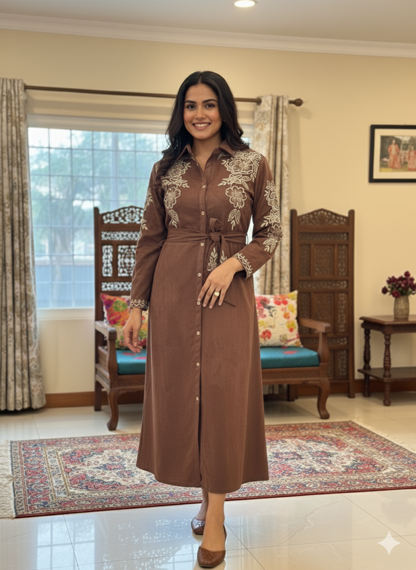 SUEDE EMBROIDED SHIRT DRESS WITH BELT