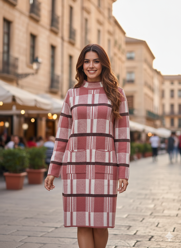 COZY KNITTED PLAID TUNIC DRESS (With Pockets)