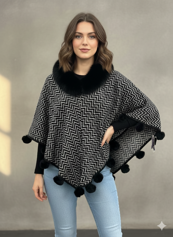 FAUX FUR CHEVRON PONCHO