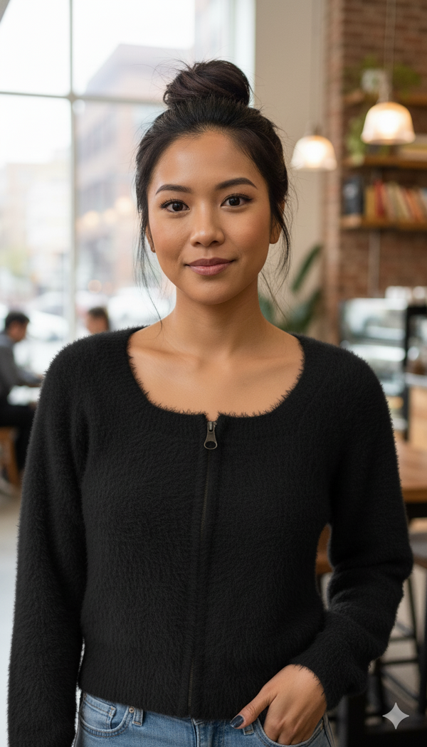 SQUARE NECK HAREWOOL ZIPPER SWEATER TOP