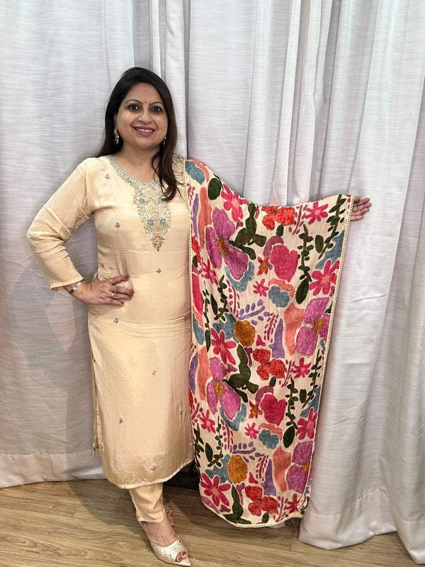 IVORY COLOURED HANDWORK SUIT SET WITH MULTI COLOURED FLORAL DUPATTA