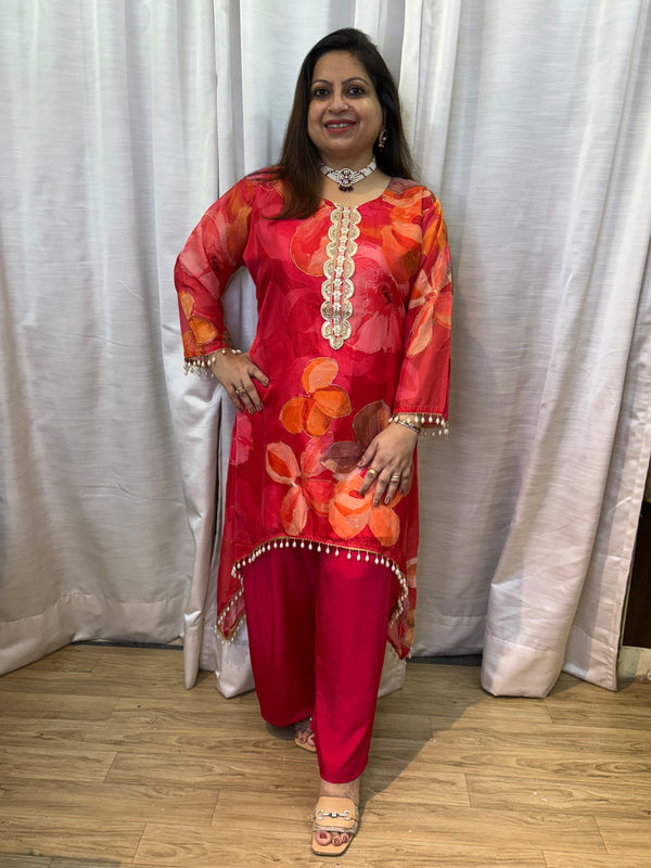 CREPE RED AND ORANGE FLORAL C - CUT COORD SET