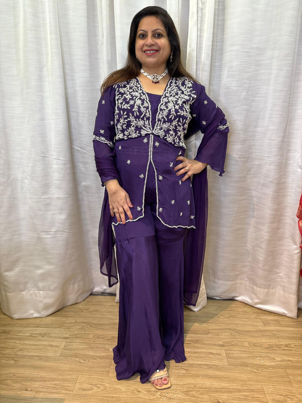 PURPLE EMBROIDED CHINNON INDOWESTERN SET WITH DUPATTA