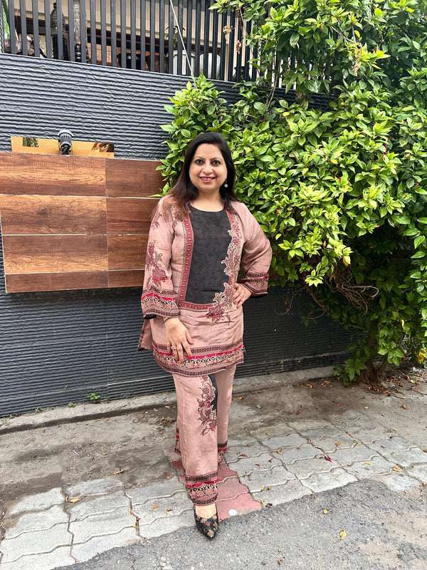 ENGLISH BROWN CREPE COORD SET WITH MUL LINING
