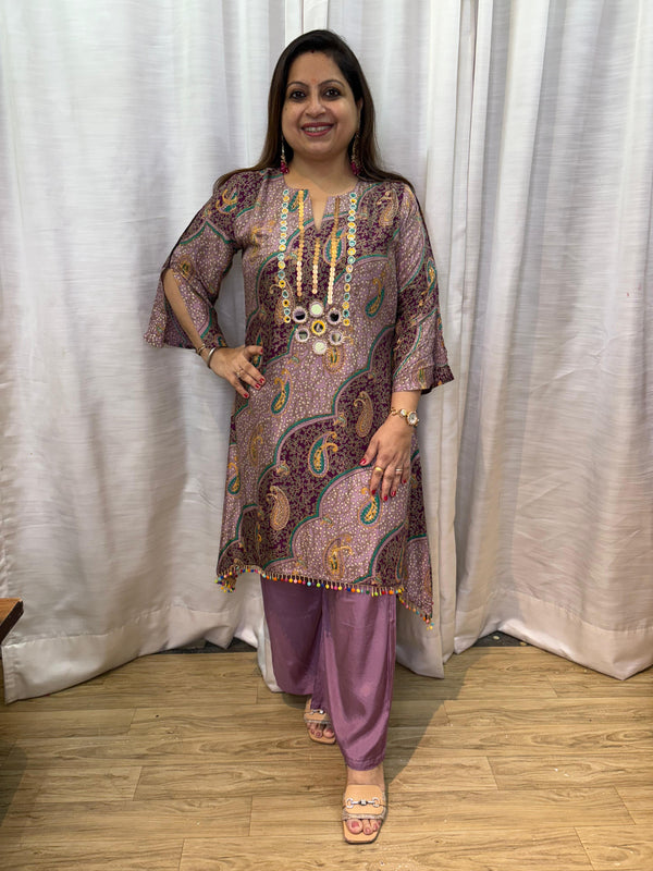 PURPLE PAISLEY PRINT MUSLIN PARTYWEAR C-CUT COORD SET