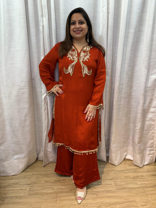 RUST ORANGE FESTIVE INDOWESTERN HANDWORK SET