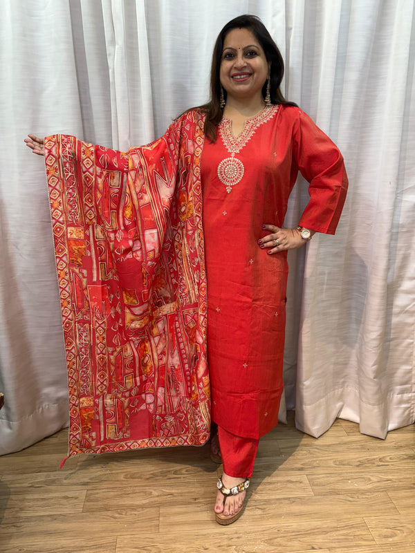 ORANGE MUSLIN KURTA SET WITH GOLDEN EMBROIDERY AND PRINTED DUPATTA