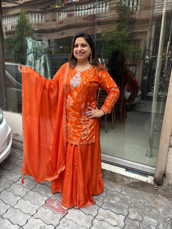 MUSLIN ORANGE BANDHNI DIVIDER SET