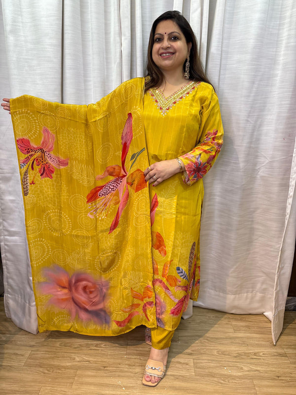 CREPE HANDWORK DIGITAL PRINT MUSTARD KURTA SET