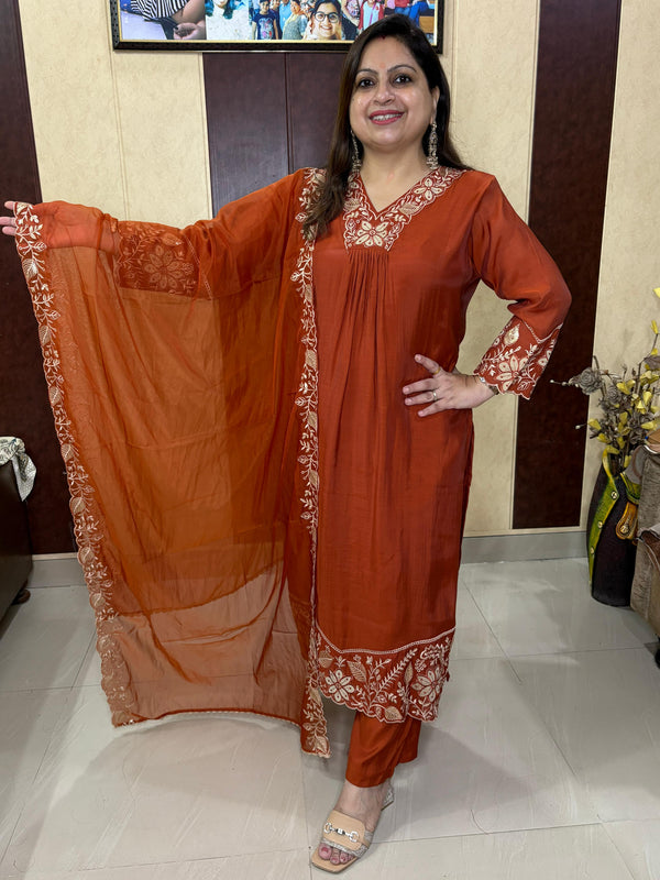 RUST LACEWORK CUTWORK KURTA SET