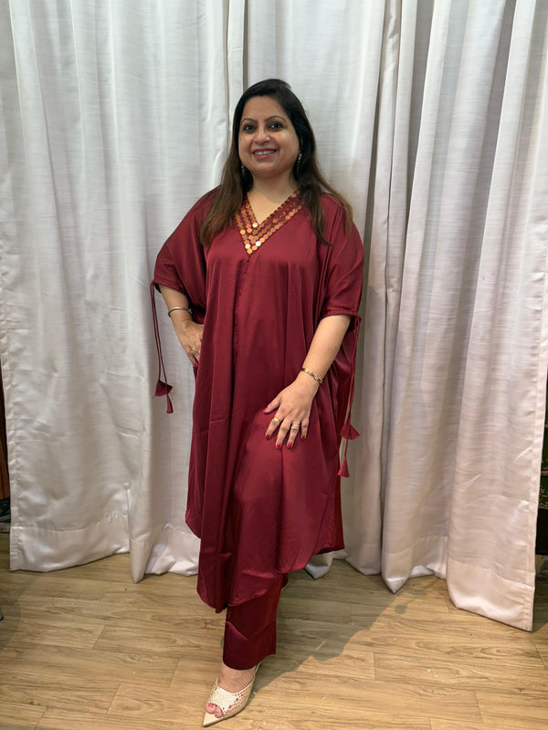 SATIN MAROON SEQUIN EMBELLISHMENT KAFTAN SET