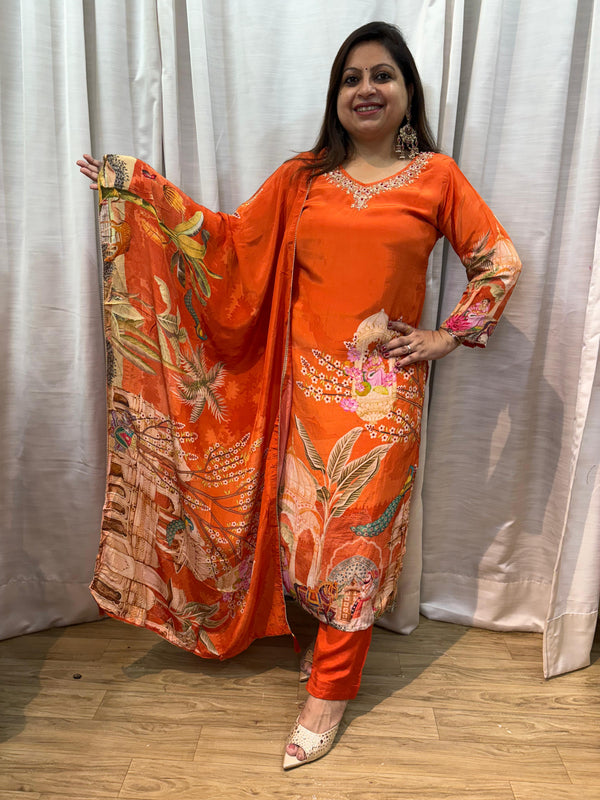 ORANGE PURE CREPE DIGITAL PRINT KURTA SET (Jodha)