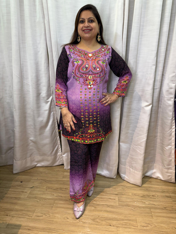 LAVENDER & PURPLE CREPE OMBRE Co-ord SET (Bandhej print)
