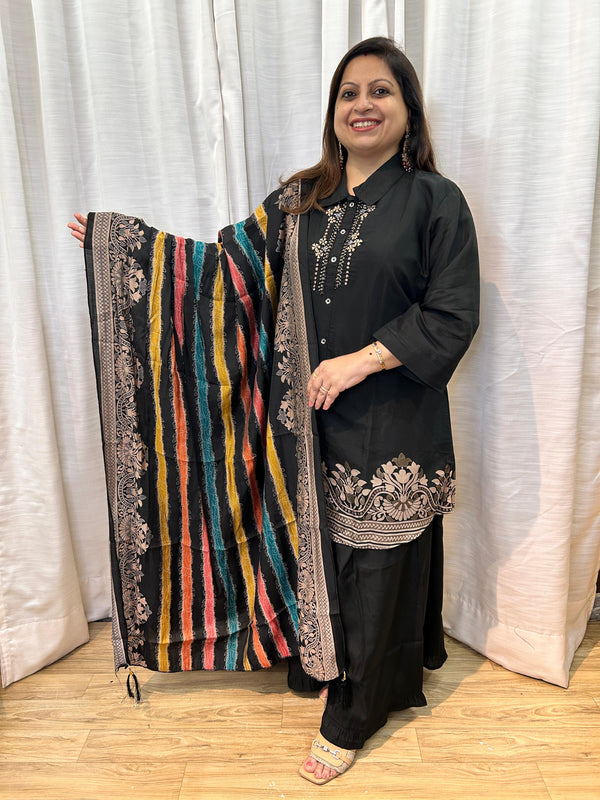 BLACK EMBROIDED MUSLIN SUIT SET WITH MULTICOLORED DUPATTA