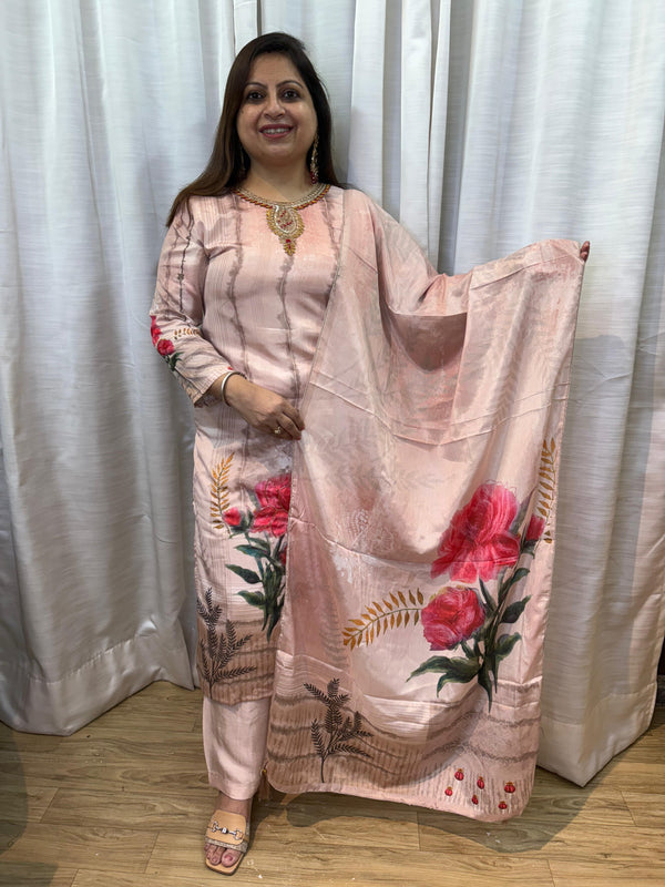 CREPE LOTUS HANDWORK DIGITAL PRINT SUIT SET