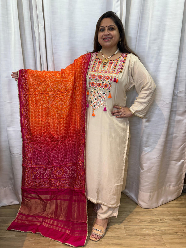 PURE MUSLIN IVORY SUIT WITH SET WITH GHARCHOLA DUPATTA (for big sizes)