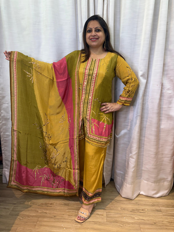 YELLOW DIGITAL PRINT CREPE COORD SET WITH DUPATTA