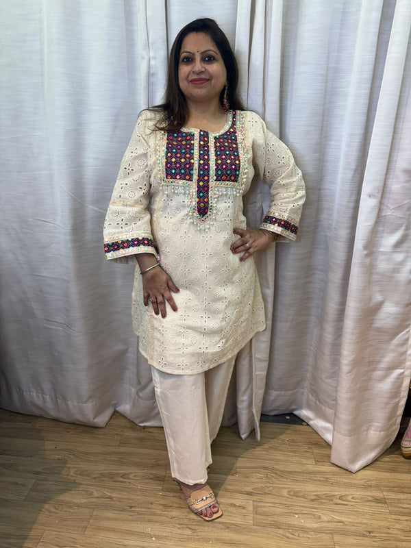 IVORY HAKUBA CHICKAN COORD SET WITH MULTI COLORED EMBROIDERY