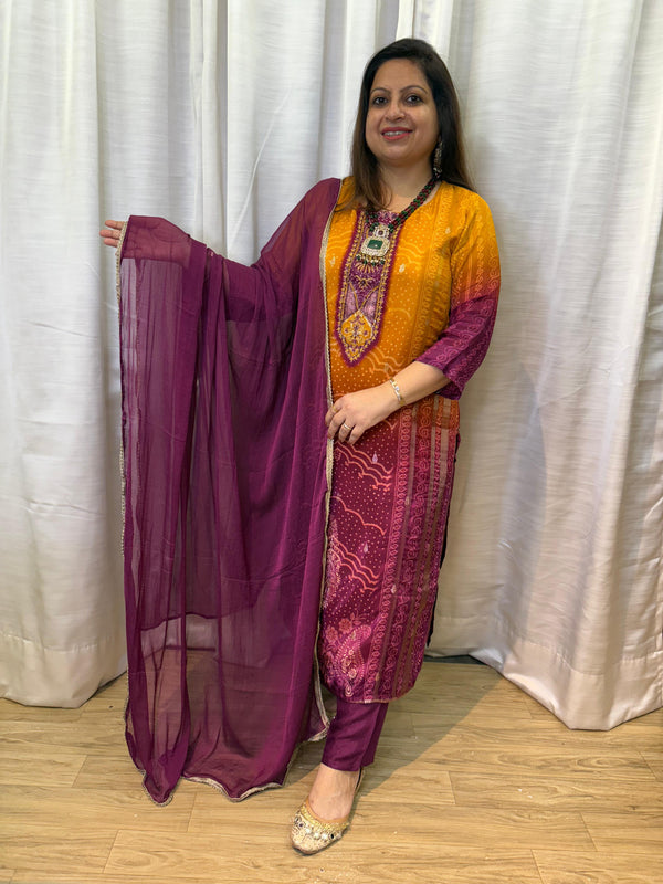 OMBRE YELLOW AND PURPLE KURTA SET WITH BANDHEJ PRINT