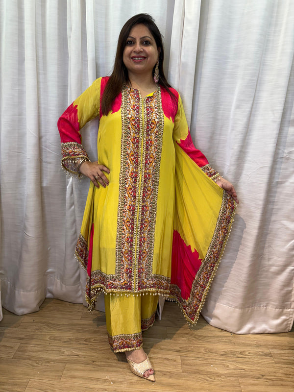 YELLOW AND PINK CREPE EMBELLISHED COORD SET
