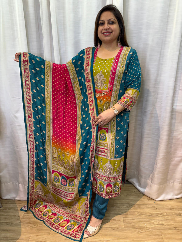 BLUE MIRROR WORK CREPE PAISLEY AND GEOMETRIC PRINT KURTA SET