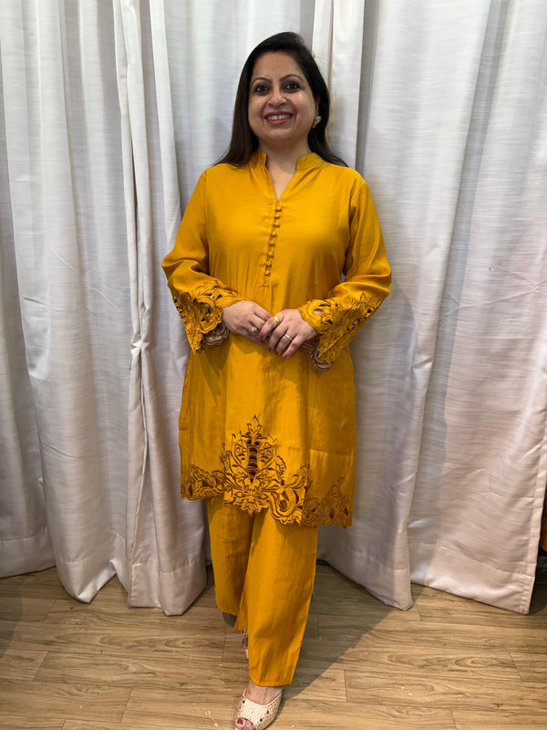 MUSTARD YELLOW APPLIQUE CUTWORK COORD SET