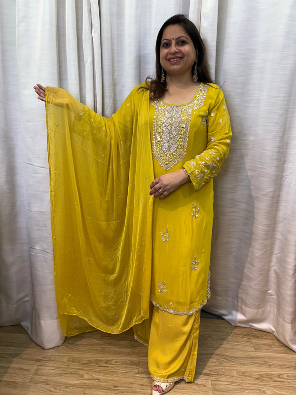 YELLOW PURE CHINNON PARTYWEAR HANDWORK DIVIDER SET