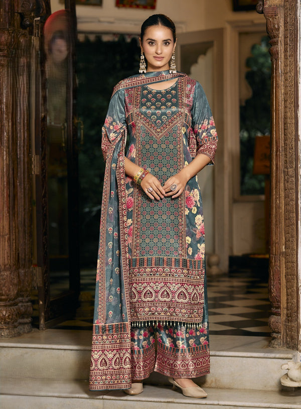 DIGITAL PRINT CHINNON EMBELLISHED KURTA SET (Blue & Orange)