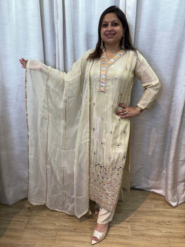 IVORY MIRROR WORK SHIMMER MUSLIN KURTA SET