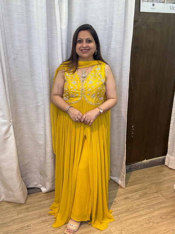 YELLOW GEORGETTE INDOWESTERN PARTYWEAR THREE PIECE SET