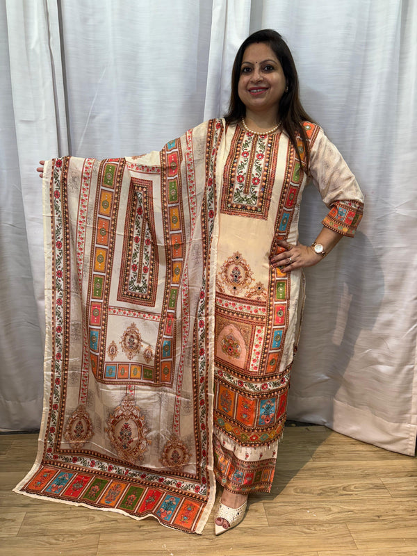 IVORY CHINNON DIGITAL PRINT FESTIVE KURTA SET WITH DUPATTA