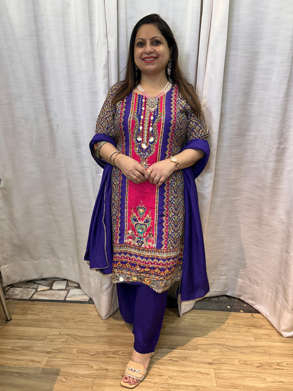VIOLET COLORED ROYAL PURE MUSLIN POTHWARI STYLE SUIT SET- RD