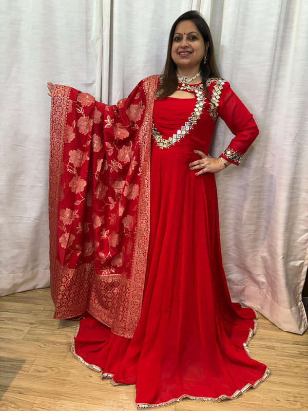 PURE GEORGETTE RED ANARKALI GOWN WITH BROCADE DUPATTA -SS