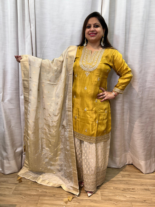YELLOW HANDWORK DIVIDER SET WITH IVORY DUPATTA