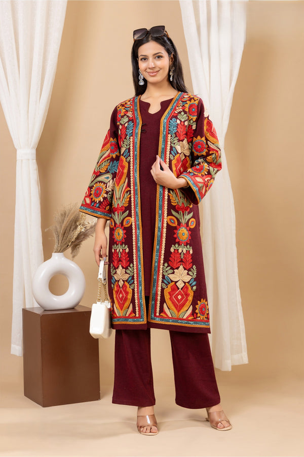 WOOLLEN KASHMIRI INSPIRED THREE PIECE SET FOR WINTER