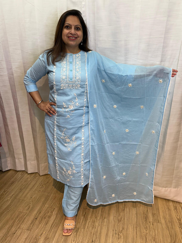 COTTON EMBROIDED PASTEL KURTA SET