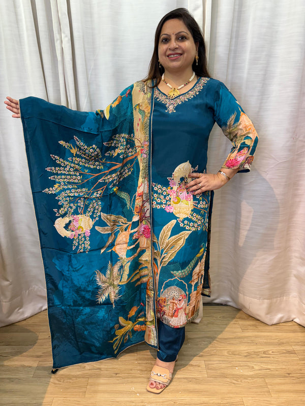 BLUE PURE CREPE DIGITAL PRINT KURTA SET (Jodha )