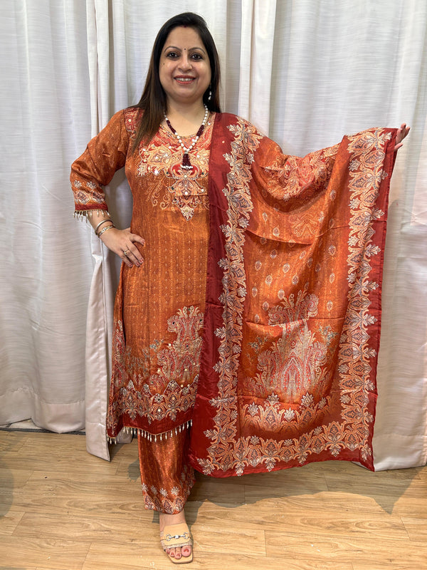 DIGITAL PRINT CHINNON EMBELLISHED KURTA SETS (Rust & Green)