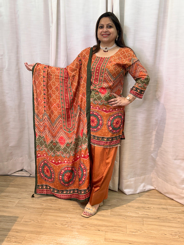 TERRACOTTA FARSHI SALWAR DIGITAL PRINTMUSLIN  KURTA SET - RD