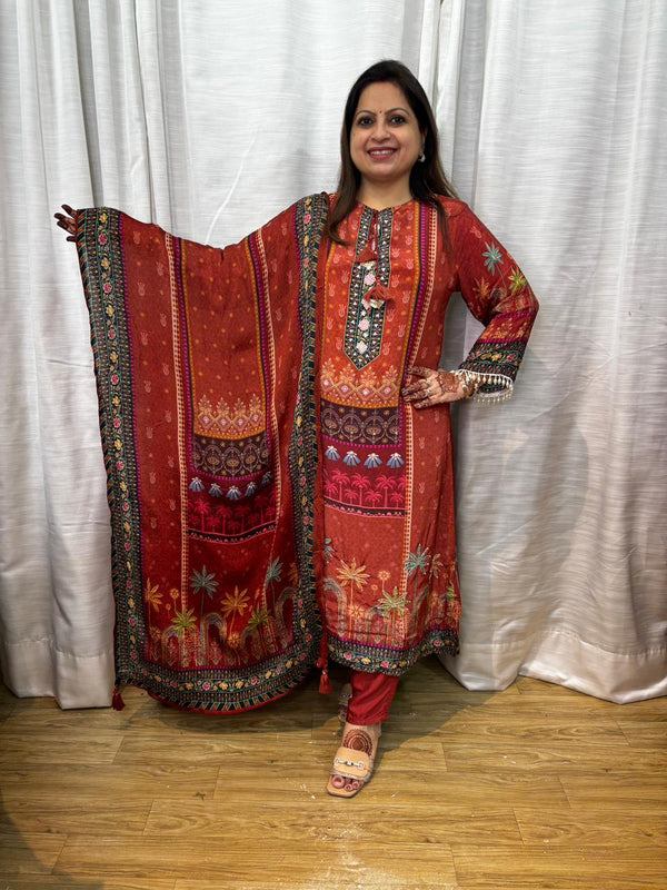 TERROCOTTA DIGITAL PRINT HANDWORK KURTA SET (Palm Tree )